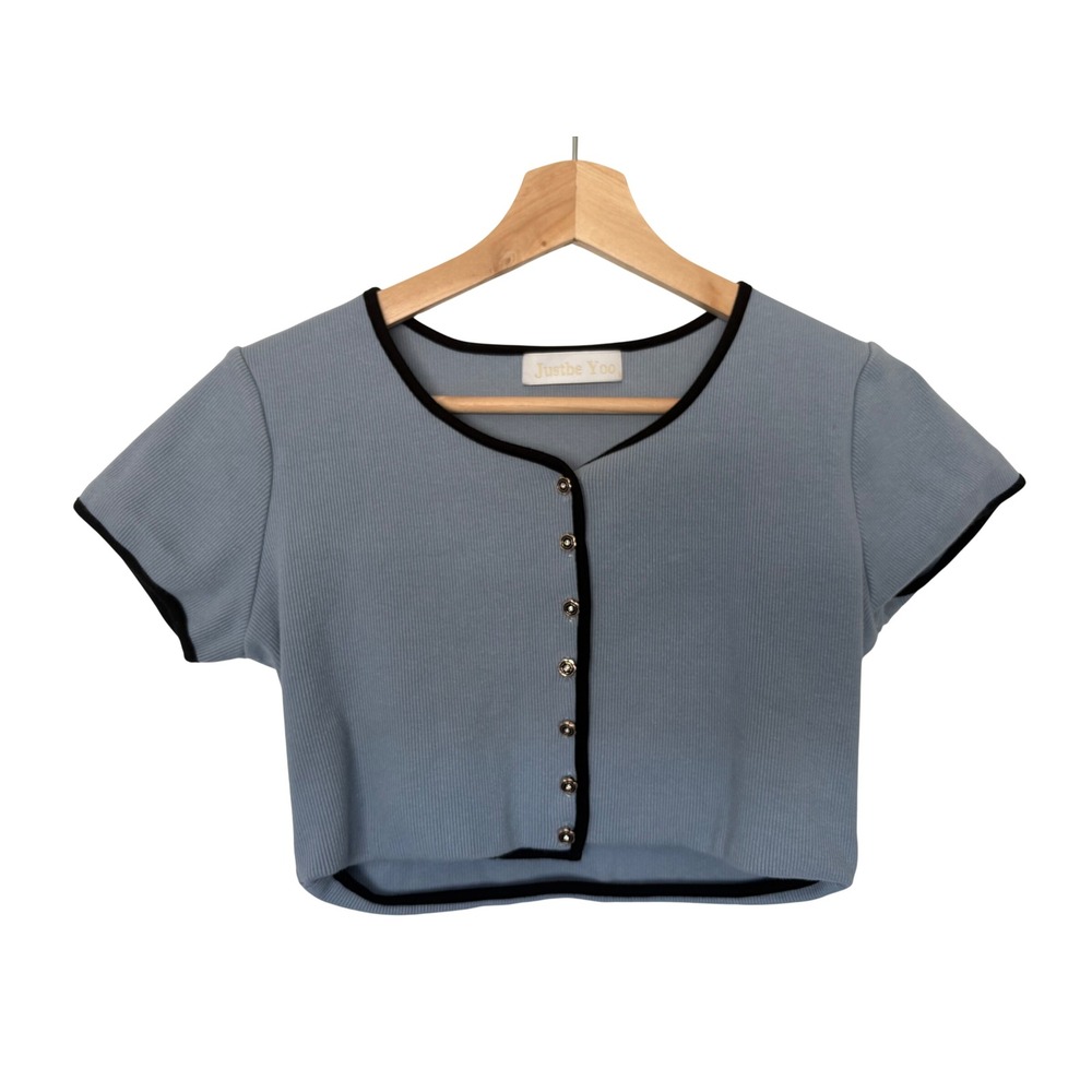 Justbe Yoo Blue Ribbed Knit Crop Top Short Sleeve Button Front Black Trim S Y2K